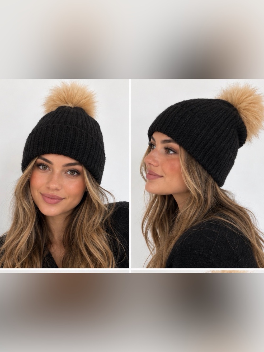 Sofia Cashmere Black Cable Knit Beanie Fur Pom Pom One Size